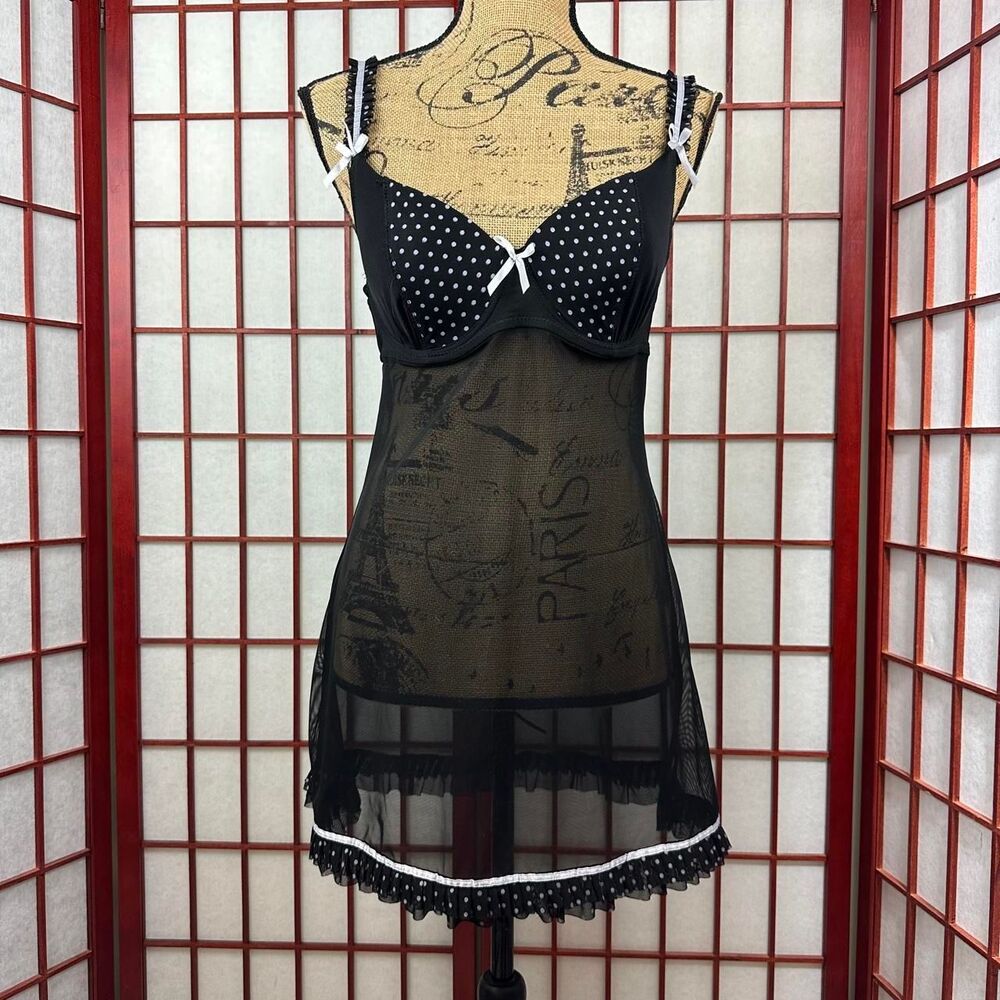 Marilyn Monroe Polka Dot Black Sheer Bustier Lingerie Chemise Mini Dress